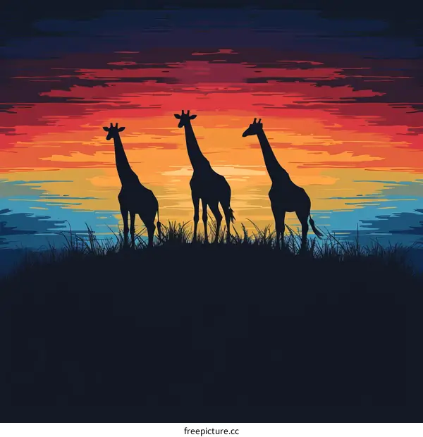Three giraffes standing on a hill at sunset