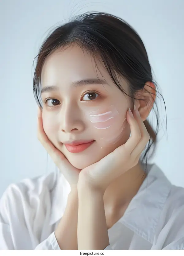 Asian Woman Applying Face Cream Skincare Beauty