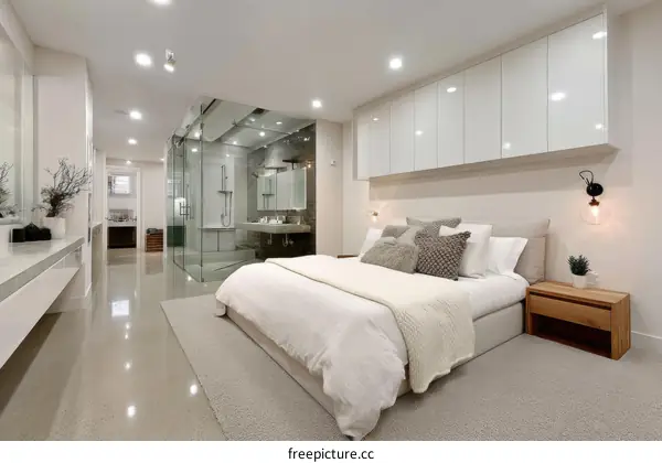 Modern Open-Concept Master Bedroom with Walk-in Shower