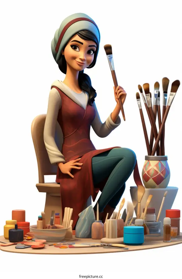 An Artist Sits on a Chair and Holds a Paintbrush