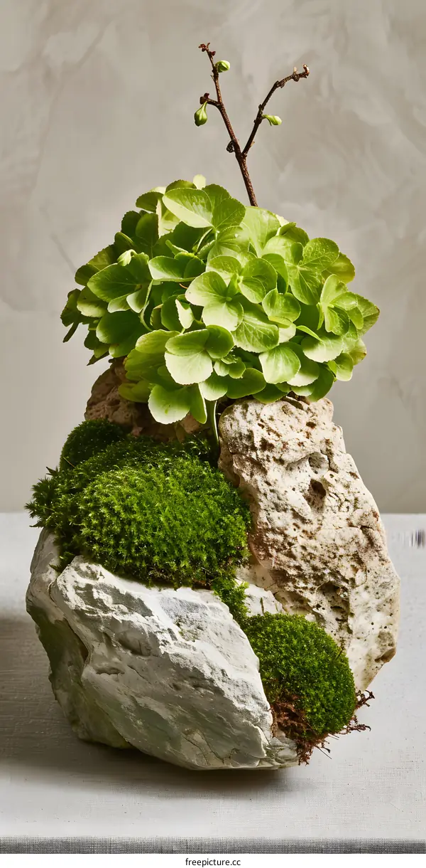 Closeup of a Green Plant Growing on a Rock