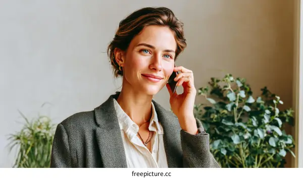 Smiling Woman Talking on Phone Indoor