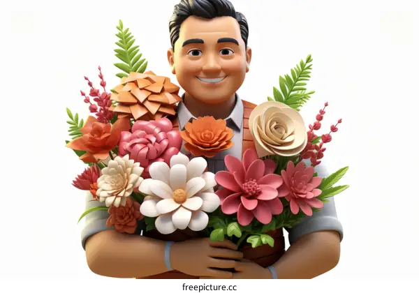 Smiling Businessman Holding a Bouquet of Flowers