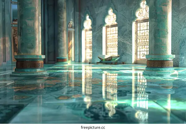 Interior of Old Green Marble Mosque and Open Quran Book