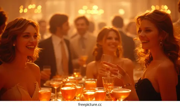 Three women in evening gowns at a party