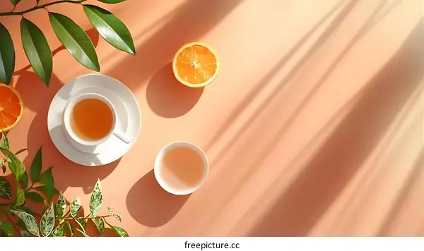 Orange Slices and Tea on a Peach Background