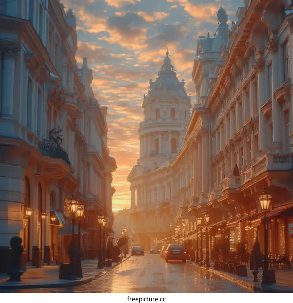 European style street景観 with sunset sky