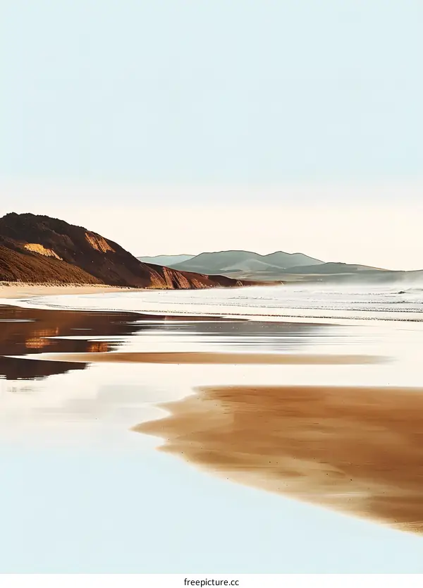 Calm Beach Scene with Mountains and Sand