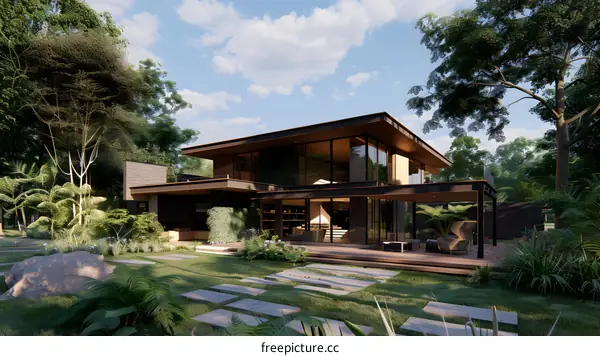 Modern House Design with Green Roof and Large Windows