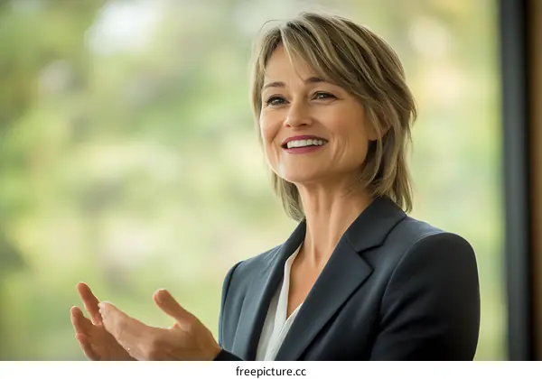 Smiling Businesswoman Presenting with Blurred Background