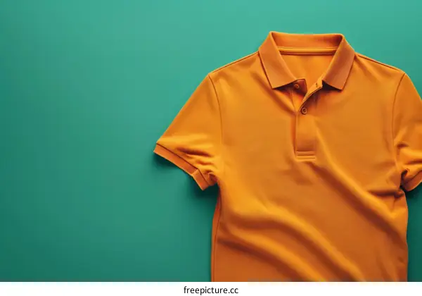 Folded orange T-shirt on green background