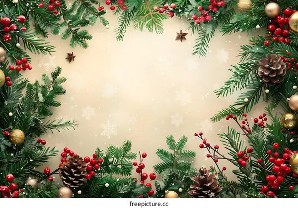 Christmas background with fir branches, pine cones and red berries