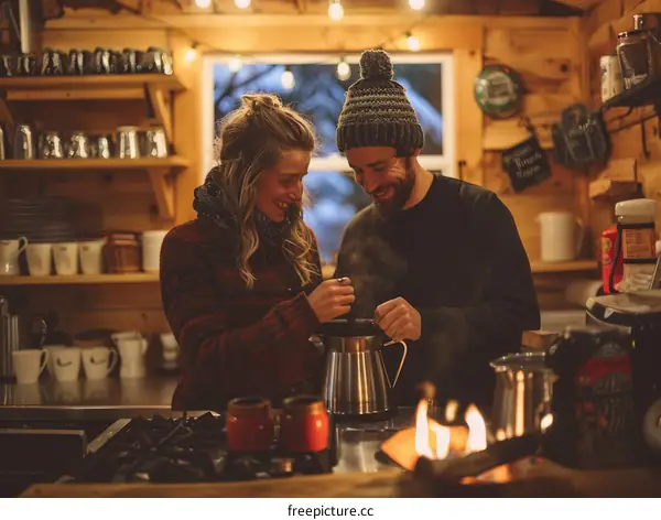 Couple Making Coffee in a Cozy Cabin