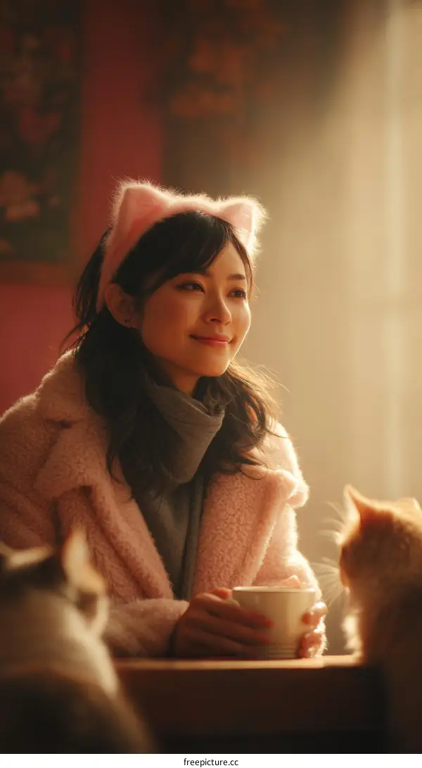 Woman with Cat Ears Drinking Coffee with Cats