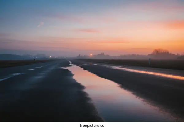 Sunrise over a wet road with reflections in the early morning