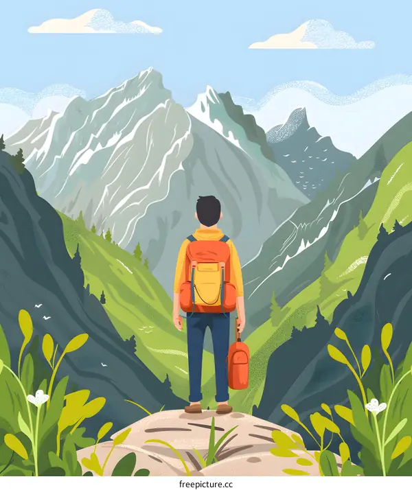 Man Hiking In Mountains With Backpack