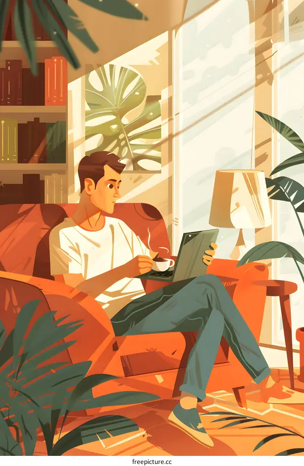 Man Sitting on a Chair in a Room with a Cup of Coffee and a Laptop