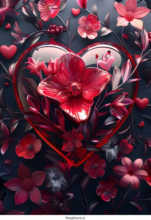 A red glass heart-shaped flower