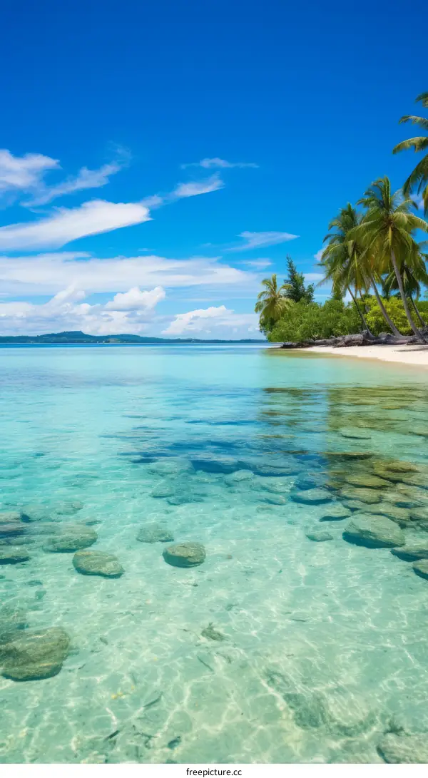 Amazing crystal clear blue ocean water with white sand beach and palm trees