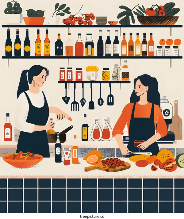 Two Women Cooking Together in a Kitchen with Shelves Full of Ingredients