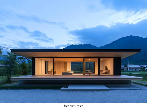 Modern Minimalist House with Large Windows and Mountain View