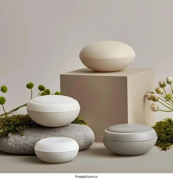 Minimalist Cosmetic Containers on Stone and Cube