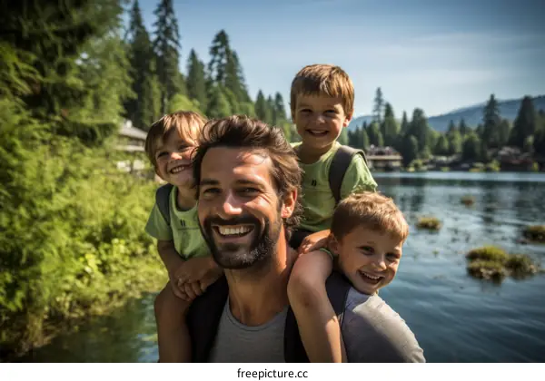 Happy family of four by the lake