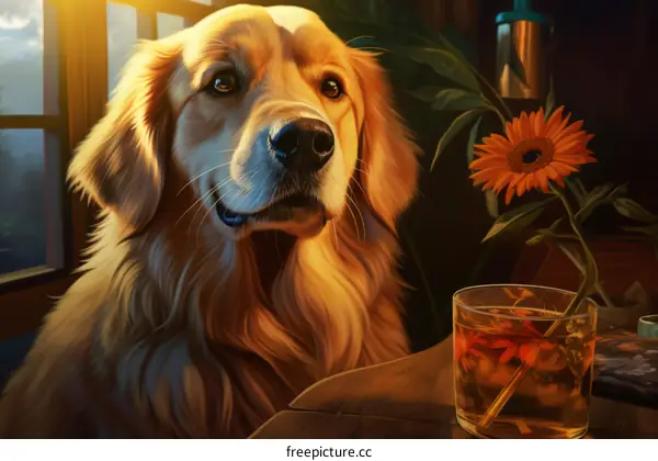 A golden retriever sits at a table with a glass of water and a sunflower.