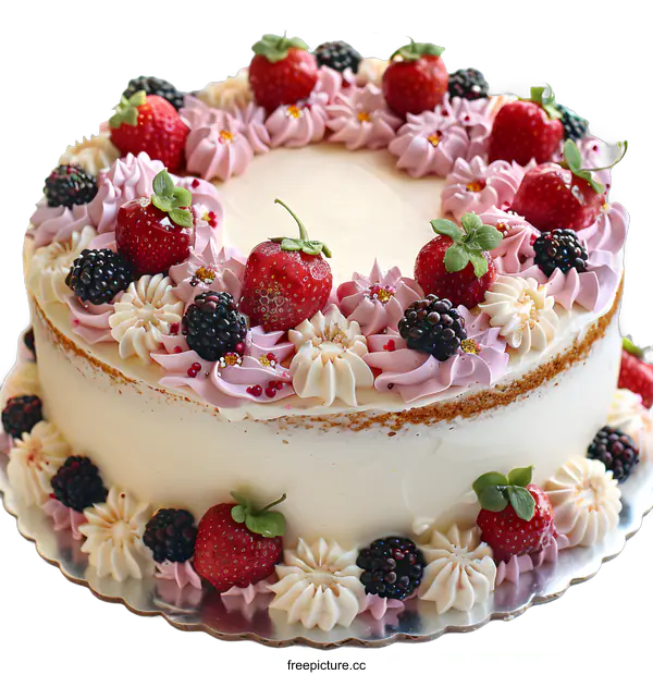 [Transparent Background PNG]Vanilla Cake with Strawberries and Blackberries