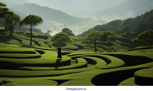 Woman in Kimono Walking Through a Lush Green Tea Plantation
