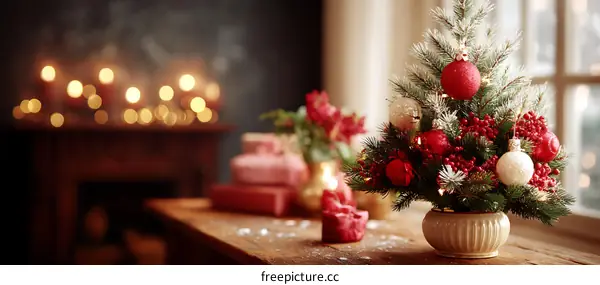 Christmas Decor Miniature Tree on Wooden Table