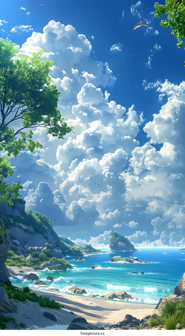 Green trees and blue sky with white clouds on a cliff by the coast