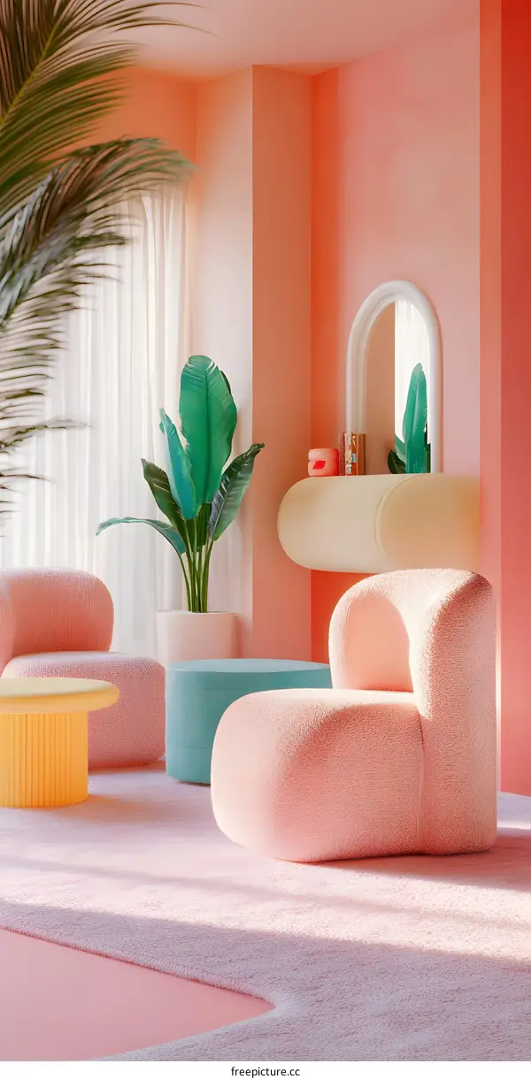 Pink Living Room Interior Design with Fluffy Chairs and Palm Tree