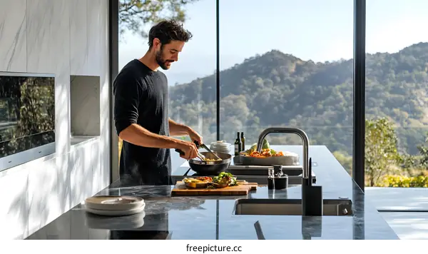 Man Cooking in Modern Kitchen with Mountain View