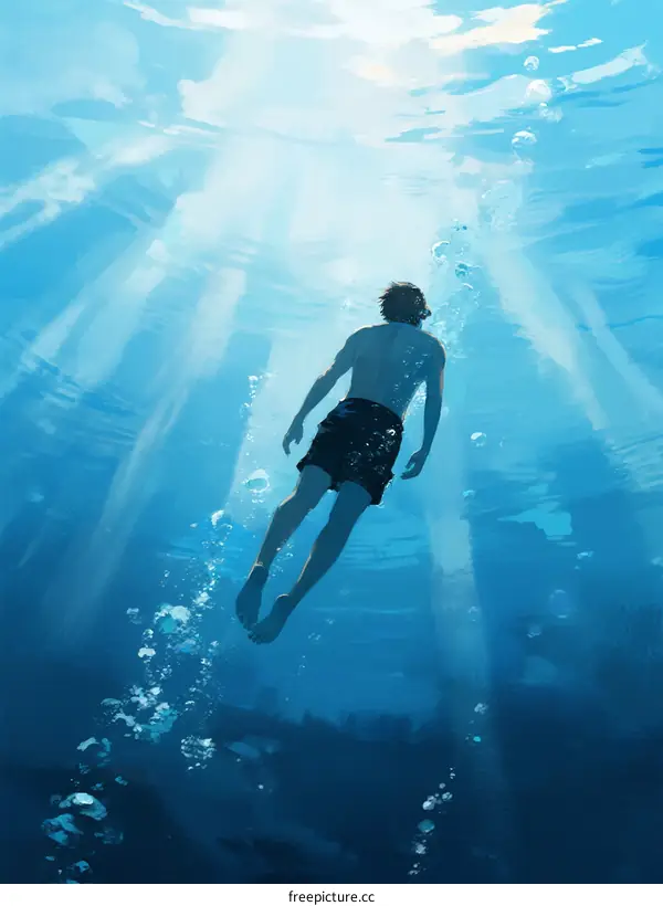 A Man Swimming Deep Underwater with Sunlight Rays