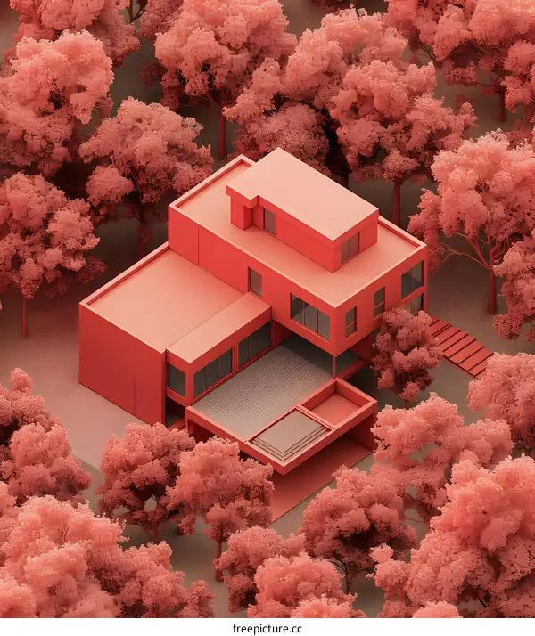 A pink house in a forest of pink trees