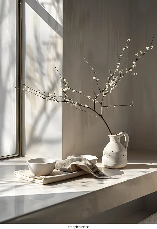 White Ceramic Vase with Blooming Flowers on Window Sill