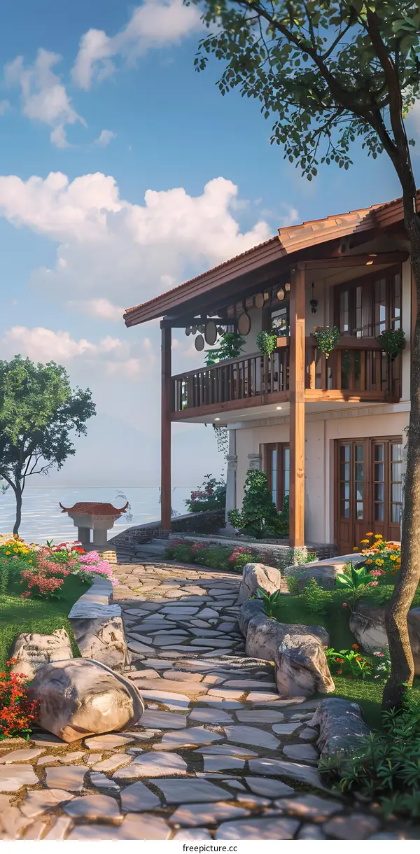 Beautiful Stone Pathway Leading To A House With A Balcony
