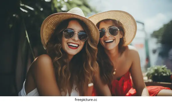 Two young women wearing sunglasses and straw hats are smiling and laughing.