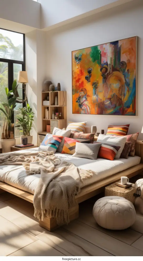 Spacious Bedroom with Colorful Wall Art and Natural Light