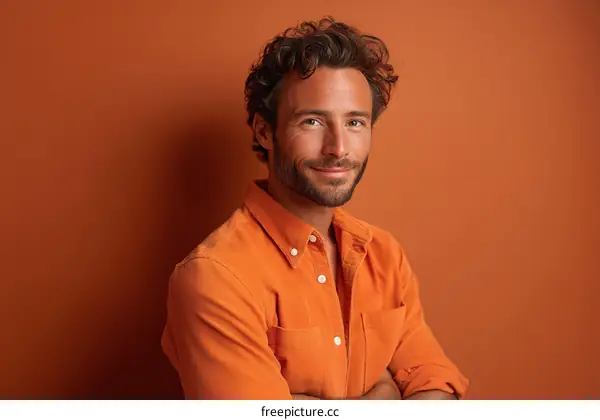 Portrait of a Smiling Man in an Orange Shirt