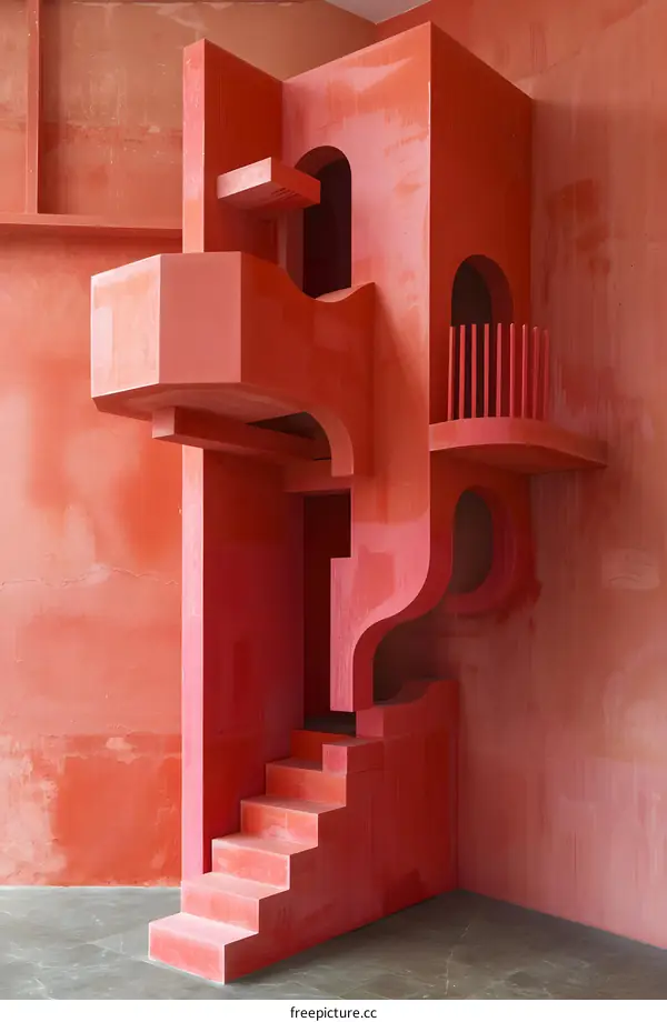 Pink staircase sculpture in a room with pink walls
