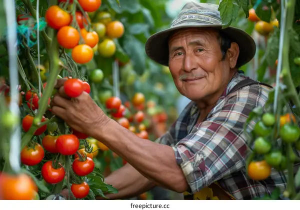 An elderly man wearing a hat harvests tomatoes in a greenhouse