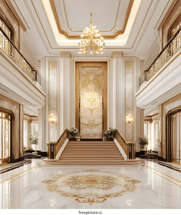 Grand Staircase Interior Design with Gold Accents and Chandelier