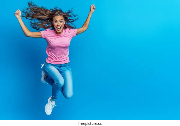 Joyful Caucasian Woman Jumping in the Air