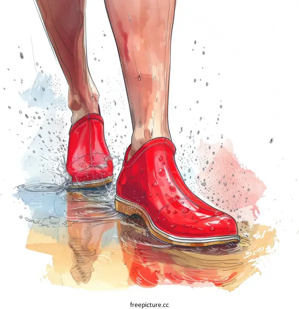 Red Rubber Boots Splashing in a Puddle