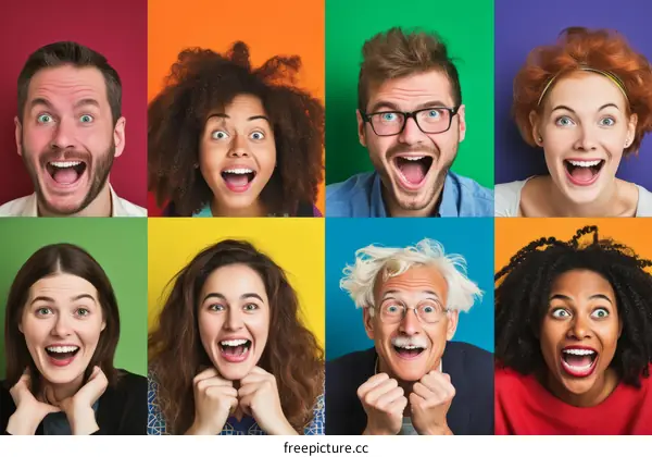 Eight People Expressing Excitement on Colorful Backgrounds