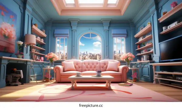 Blue and pink living room with large windows