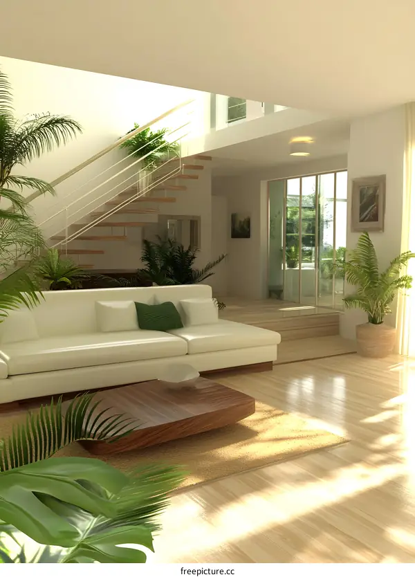 Modern Home Interior Design with White Sofa and Wooden Coffee Table