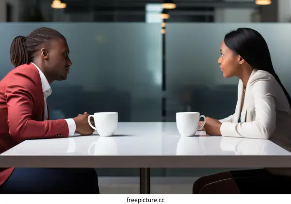 A serious conversation between a man and a woman sitting at a table
